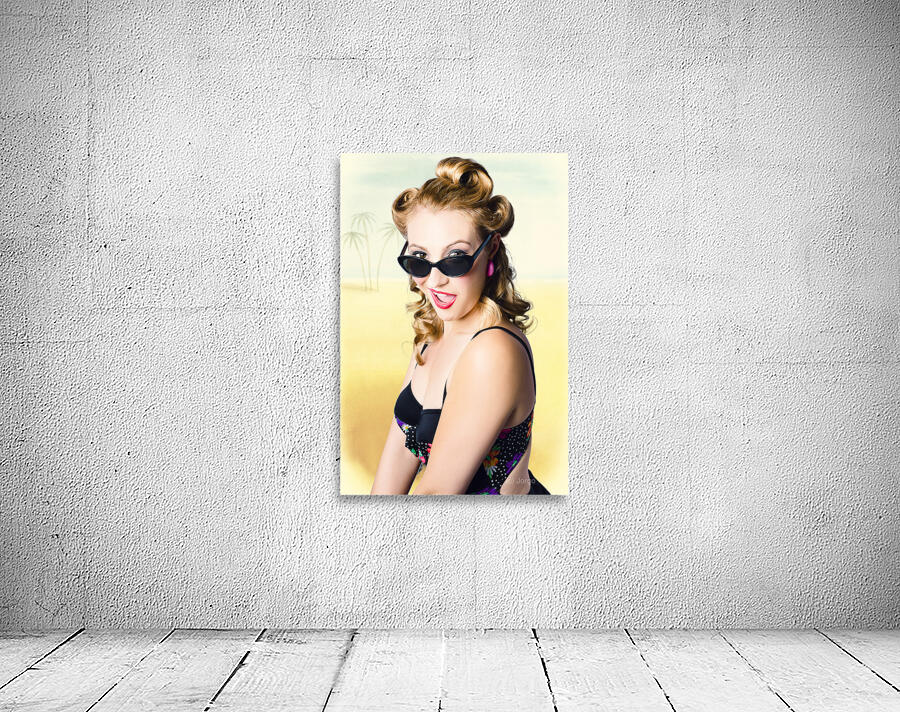 Surprised pinup girl on tropical beach background Wall Preview
