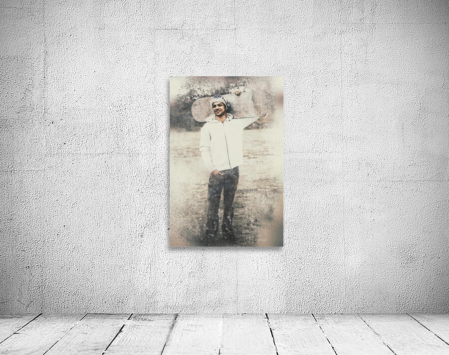 Vintage snowboarding man carrying board in snow Wall Preview