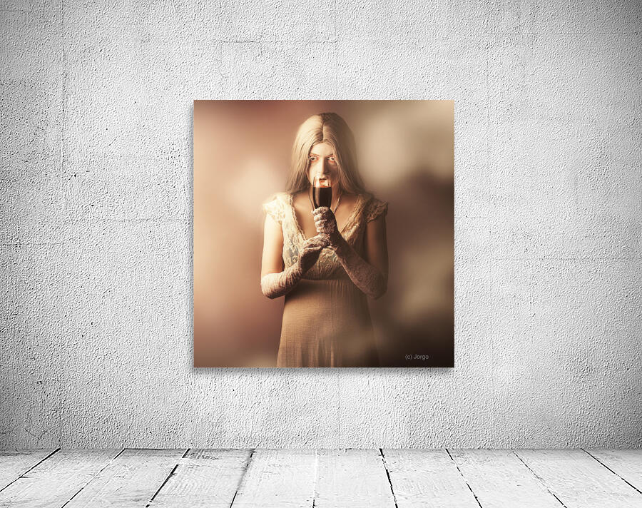 Gothic woman slipping wine glass. Halloween party Wall Preview