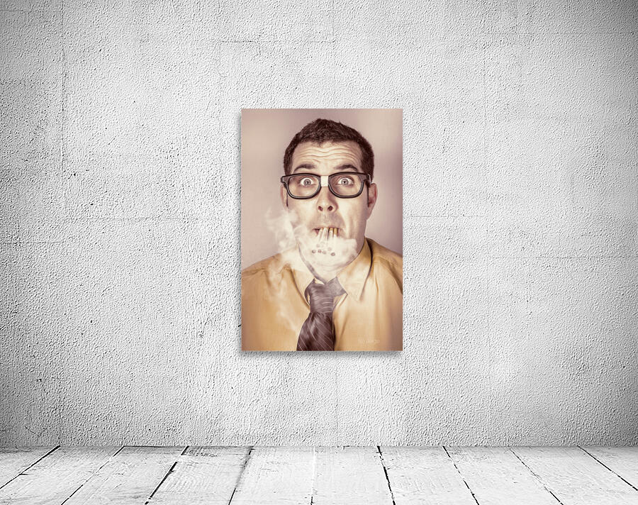 Smoking nerd businessman under work stress Wall Preview