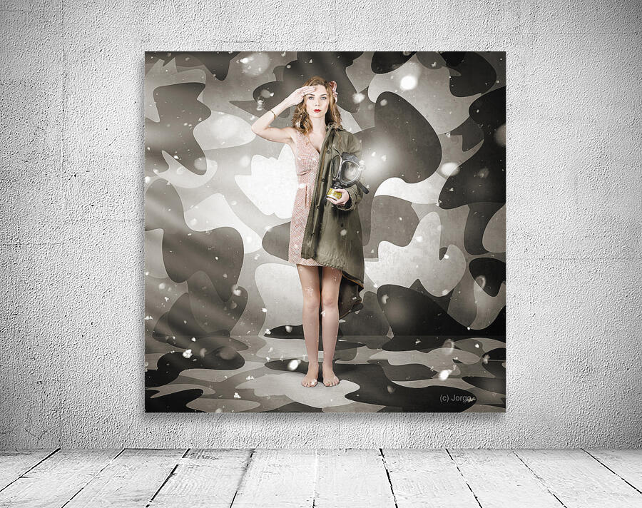 Sexy army girl saluting on snow camo background Wall Preview