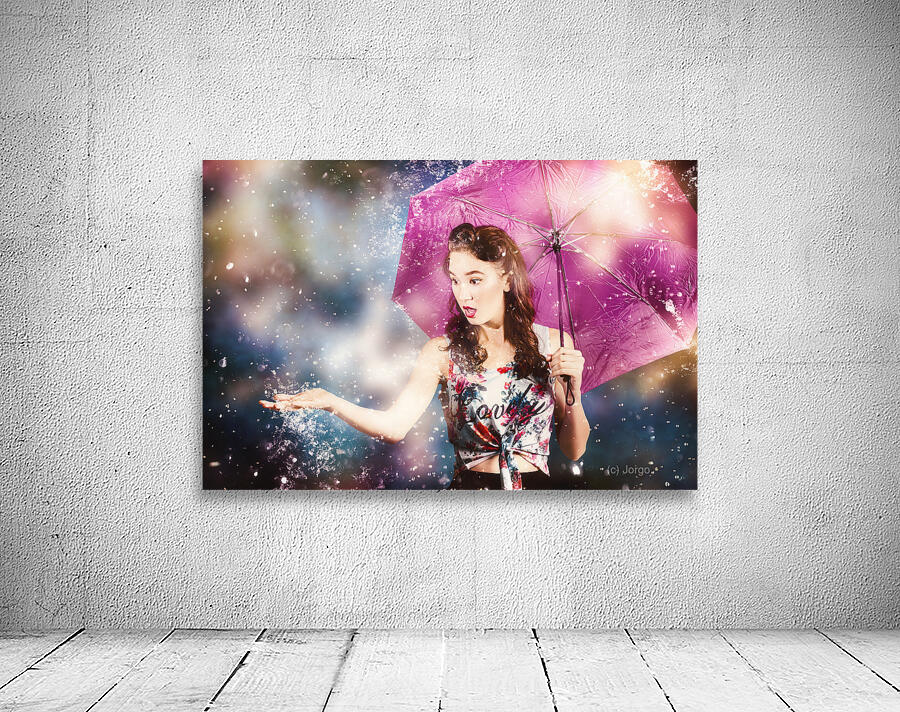 Beautiful pin up woman catching rain water Wall Preview