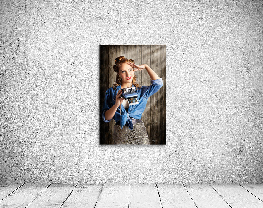 Young Retro Woman Holding Instant Camera Wall Preview