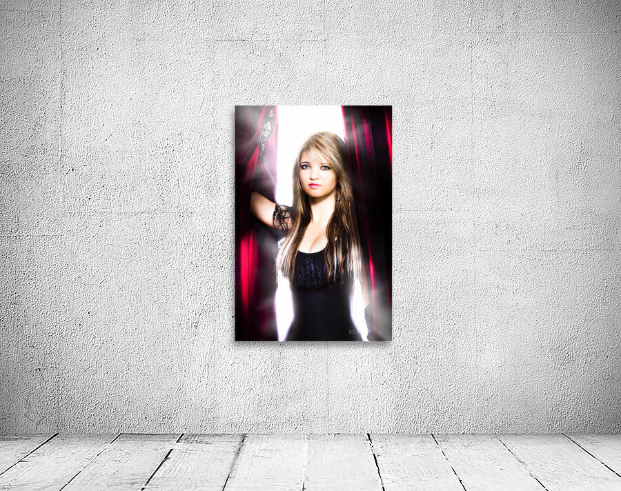 Female performer behind the stage curtain light Wall Preview