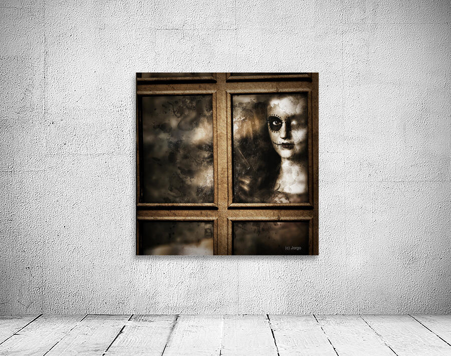 Scary murderer standing by the window with handgun Wall Preview