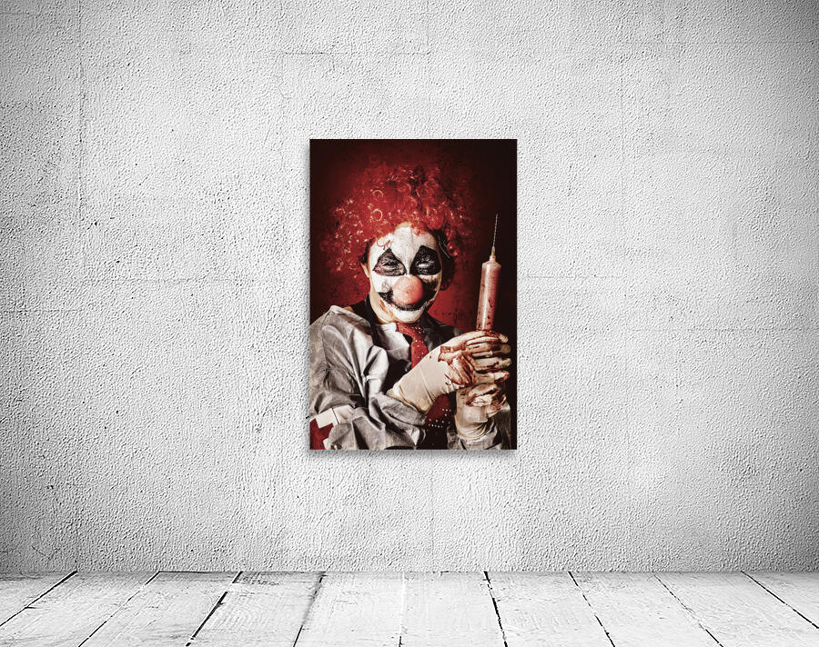 Crazy medical clown holding oversized syringe Wall Preview