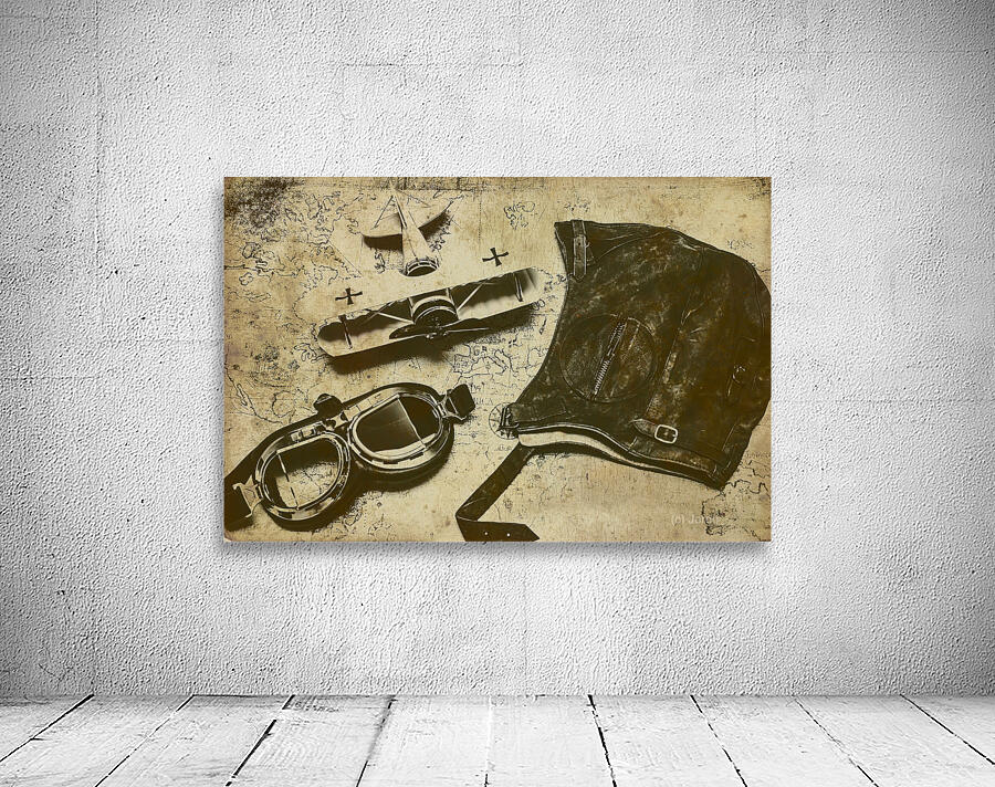 Goggles pouch and model biplane on map Wall Preview