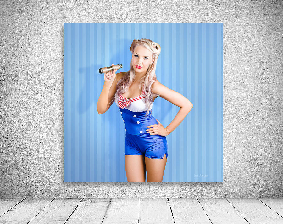 Retro style pin-up sailor girl on blue background Wall Preview