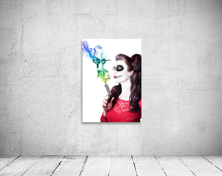 Sugar skull girl blowing on smoking gun Wall Preview