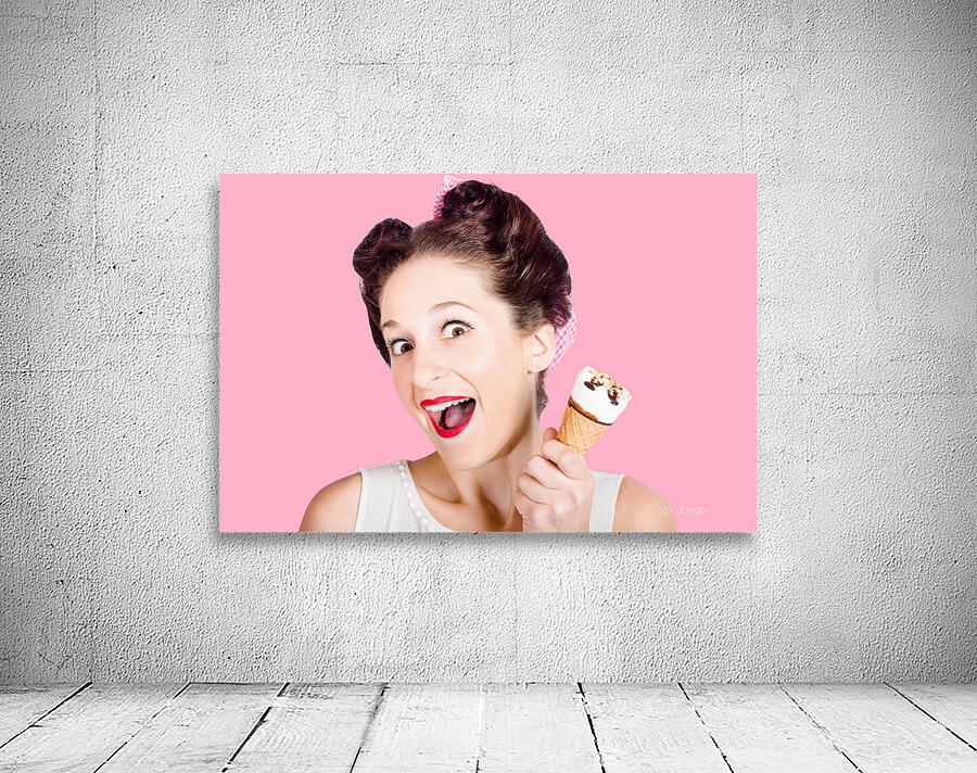 Funny pinup girl with ice cream in isolated studio Wall Preview