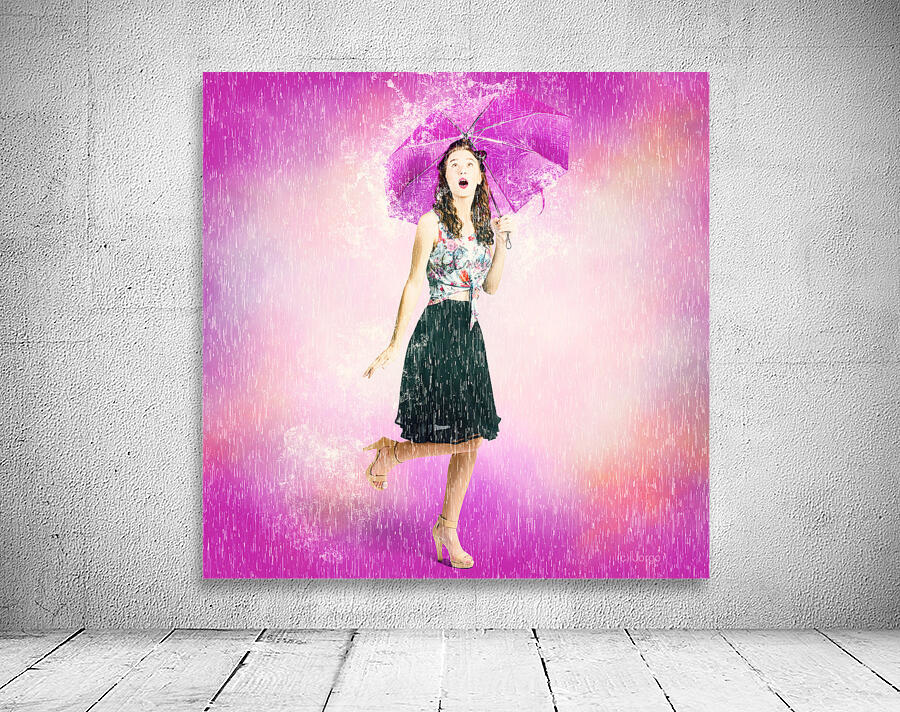 Pin-up girl in rain downfall. Hop skip and jump Wall Preview