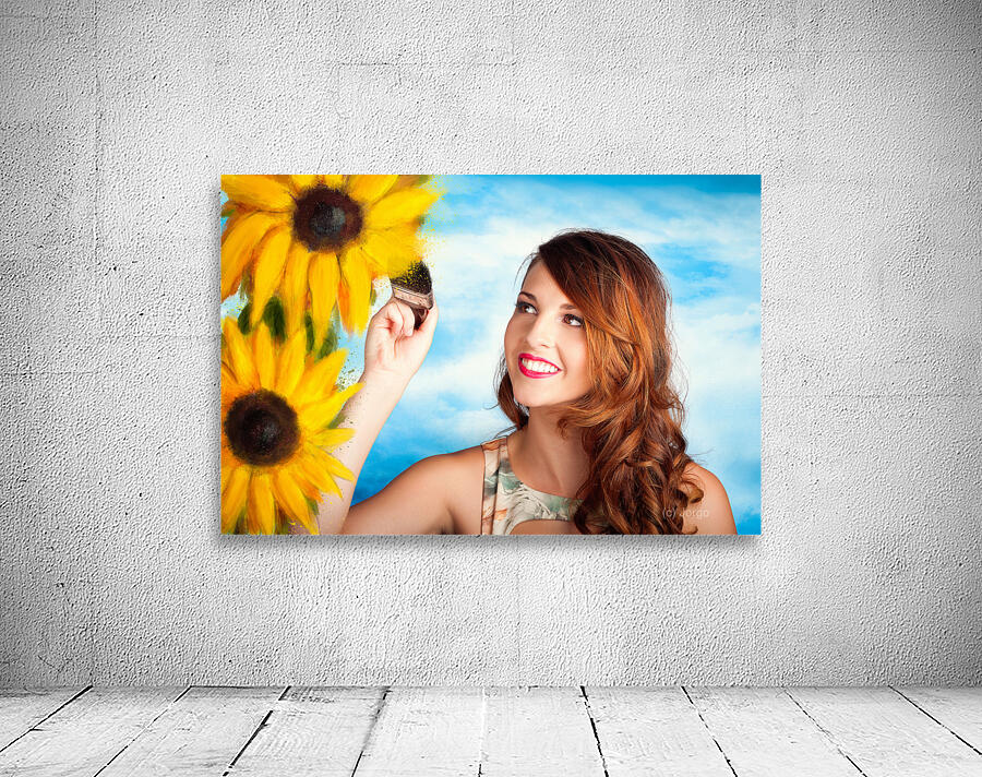 Female artist drawing sun flowers during summer Wall Preview