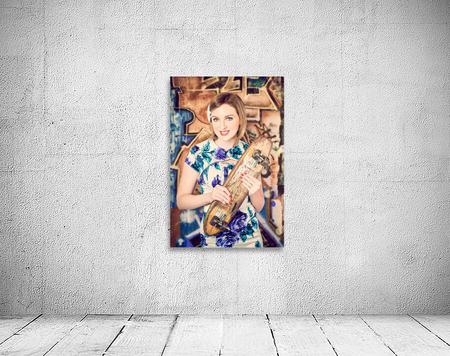 Skater girl from 1950s holding wooden skate deck Wall Preview
