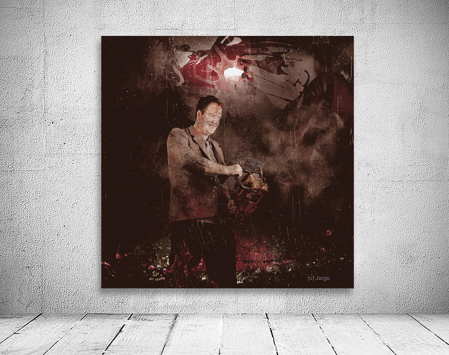 Scary horror man slinging bloody chainsaw in dark Wall Preview