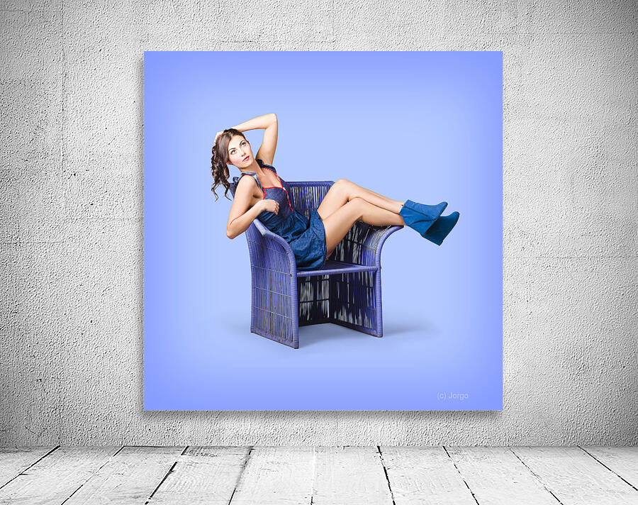 Full-length portrait. Lovely woman in denim dress Wall Preview