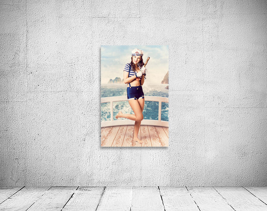 Ocean holiday pinup girl on cruise ship deck Wall Preview