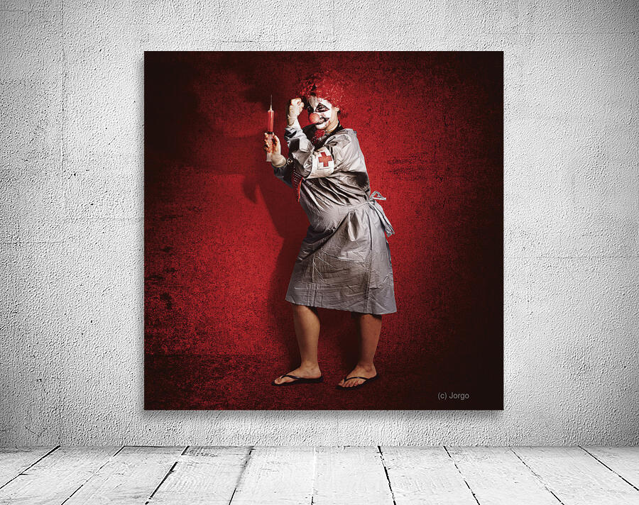 Scary clown doctor about to give jab with syringe Wall Preview