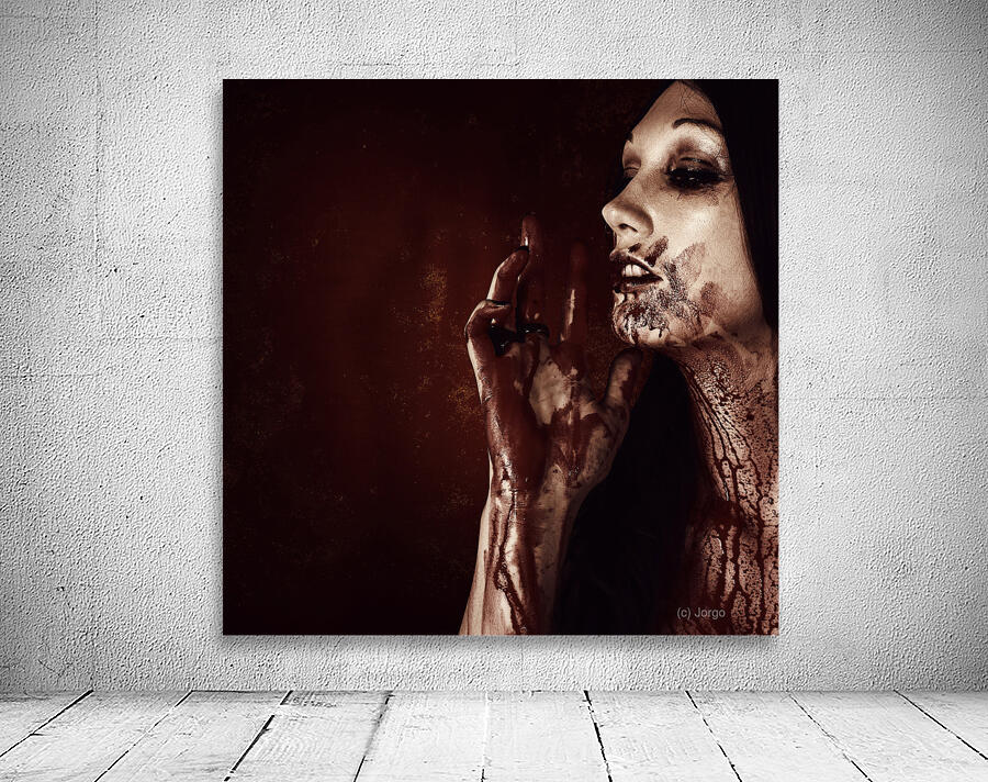 Vampire woman touching tasting and smelling blood Wall Preview