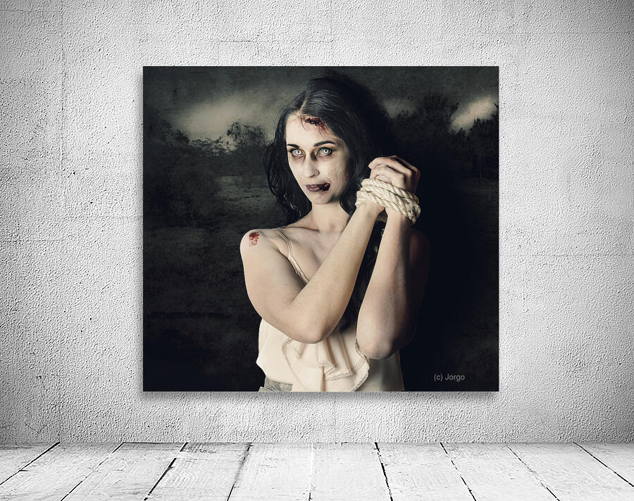 Dark horror scene of an evil zombie woman tied up Wall Preview