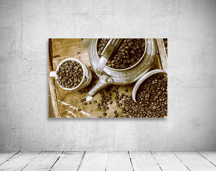 Roasted coffee beans in kettle and cup Wall Preview