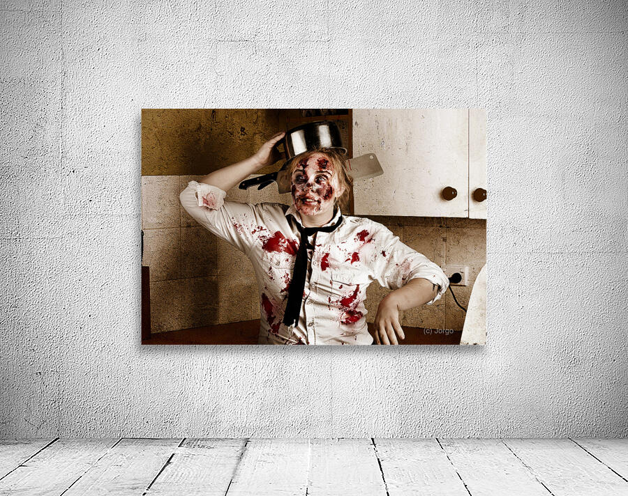 Funny zombie cook dancing in horror kitchen Wall Preview