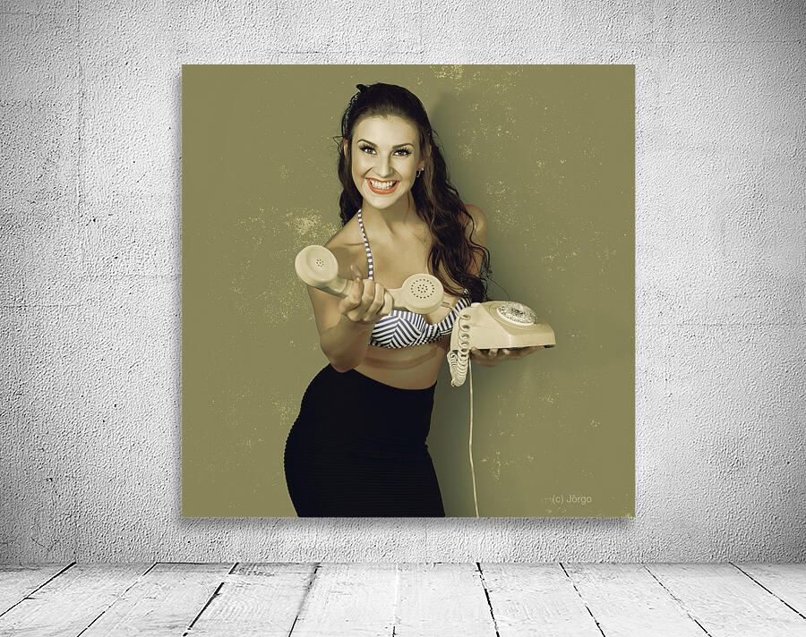 Funky pinup girl handing over a vintage telephone Wall Preview