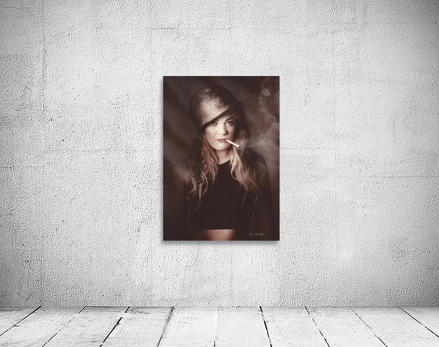 Beautiful blond army pinup girl smoking cigarette Wall Preview