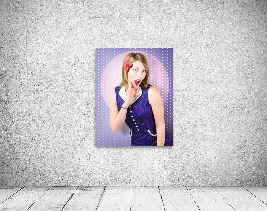 Surprised pin-up woman in purple polka dot dress Wall Preview