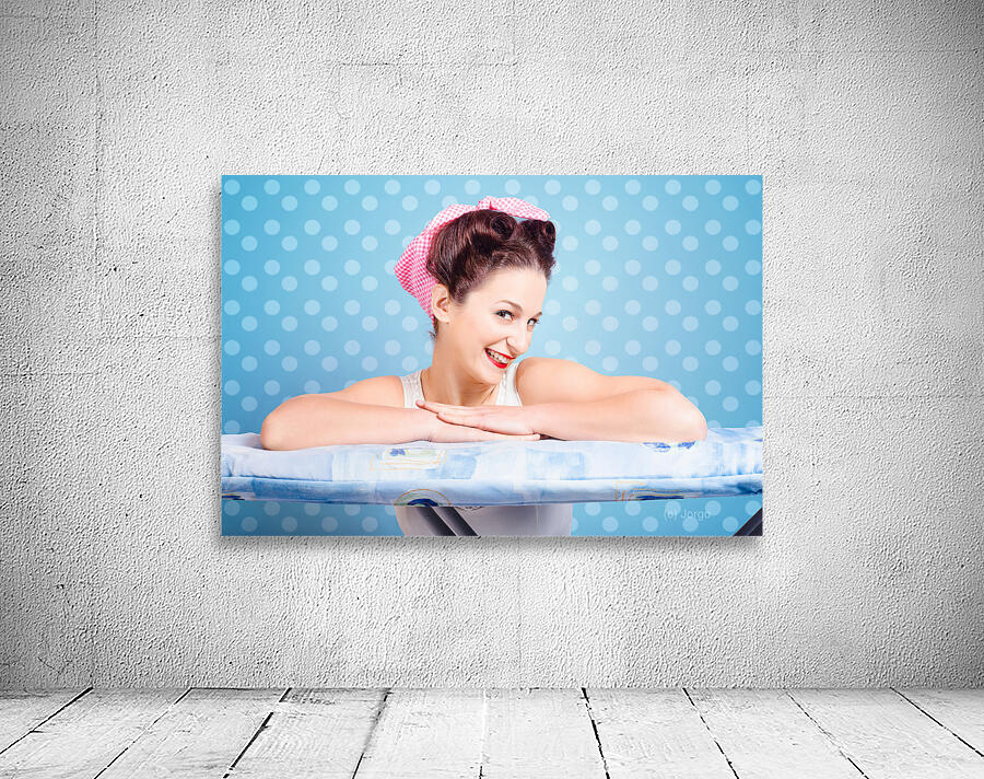 Happy 60s pinup housewife on blue ironing board Wall Preview