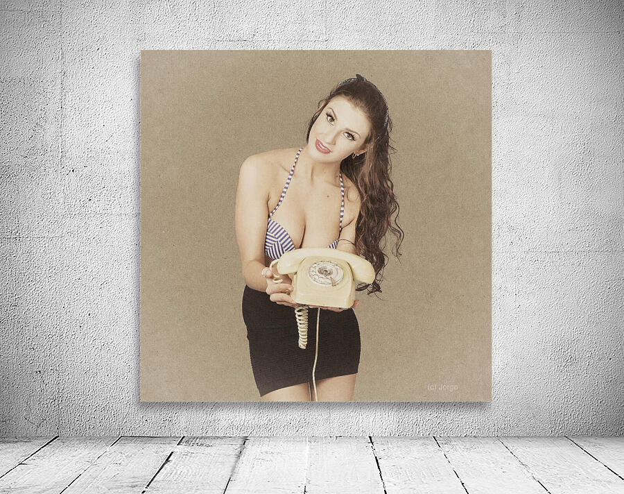 Vintage young pin up woman with phone. Contact us Wall Preview