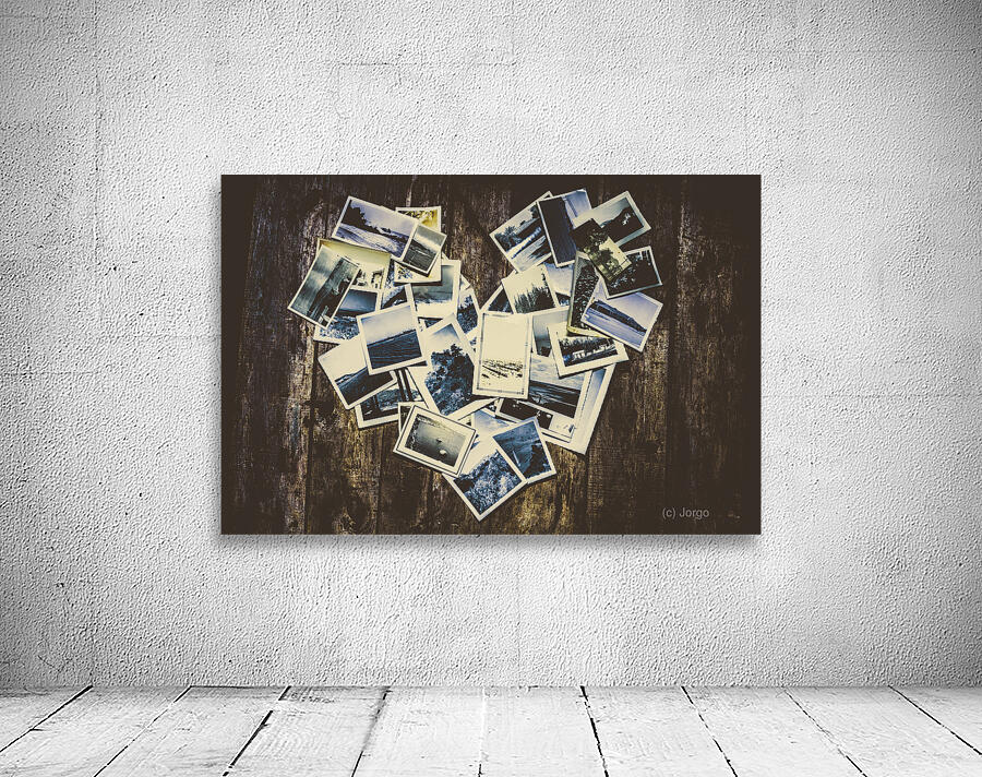 Heart-shaped instant photographs on wooden background Wall Preview