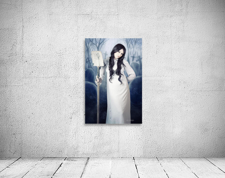 Spooky witch gravedigger with spade in graveyard Wall Preview