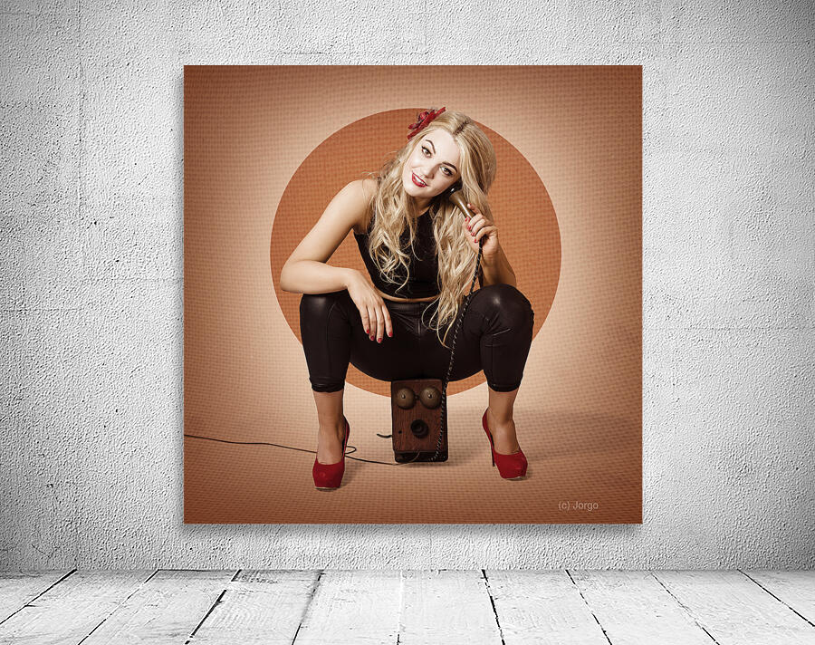Happy pin up girl talking on retro box telephone Wall Preview