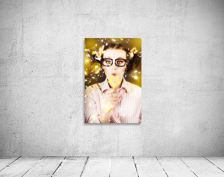 Female Nerd Blowing Bubbles Of Business Success Wall Preview