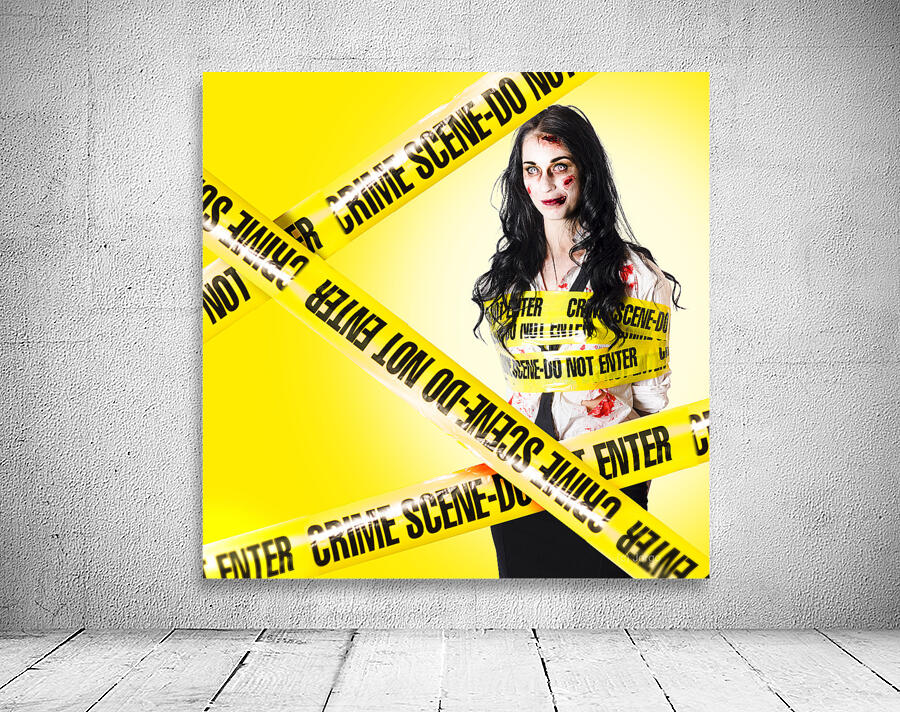 Dead zombie wrapped in tape at crime scene Wall Preview