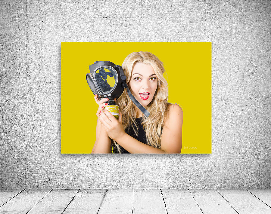 Woman in fear holding gas mask on white background Wall Preview