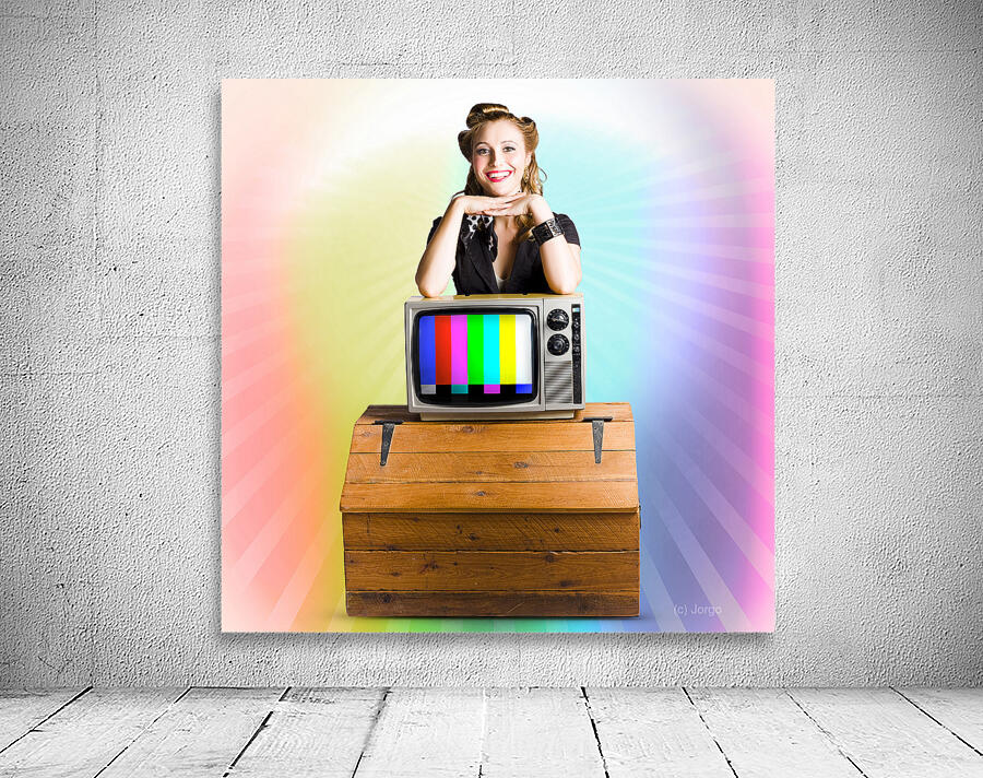 Technology Smart Pinup Woman On Retro Color TV Wall Preview