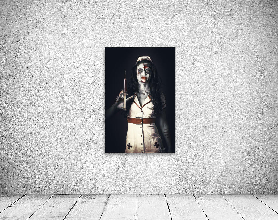 Zombie nurse holding bloody euthanasia syringe Wall Preview