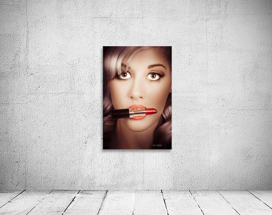 Surprised pinup girl with lipstick makeup in mouth Wall Preview