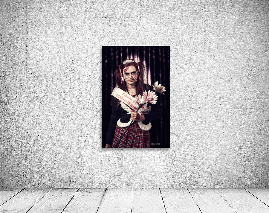 Evil zombie prom queen holding flowers on stage Wall Preview