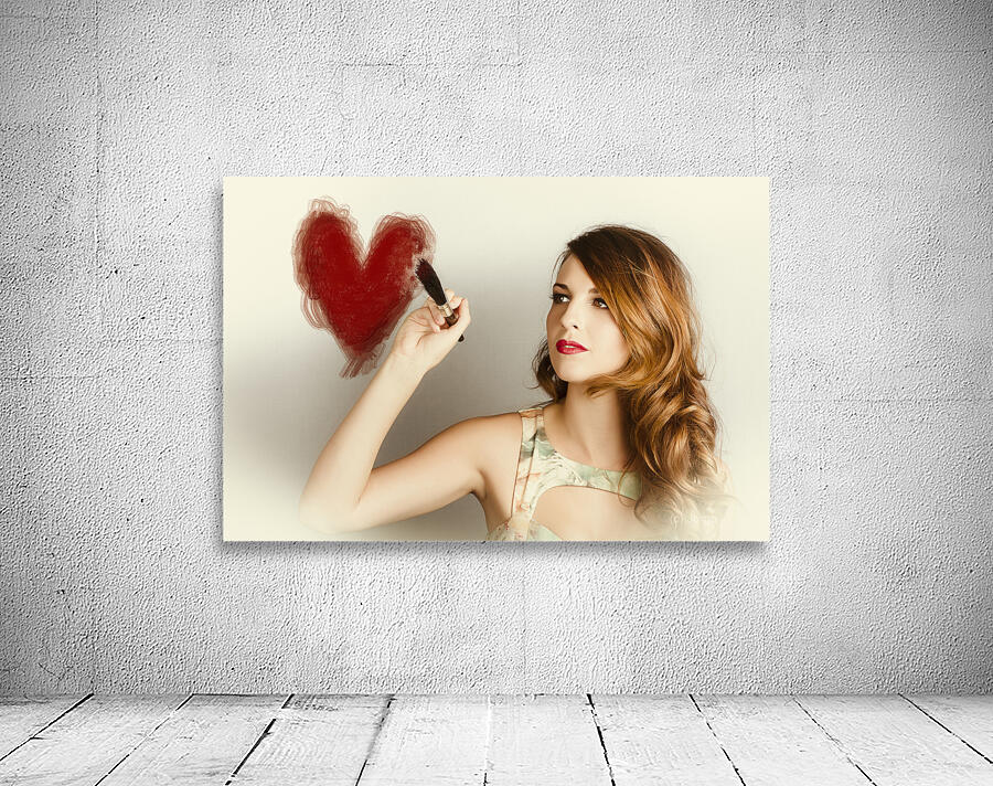 Beautiful retro girl painting red love heart Wall Preview