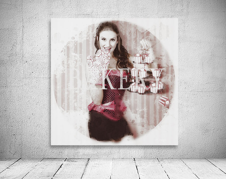 Pinup girl cooking up surprise treat in bakery Wall Preview