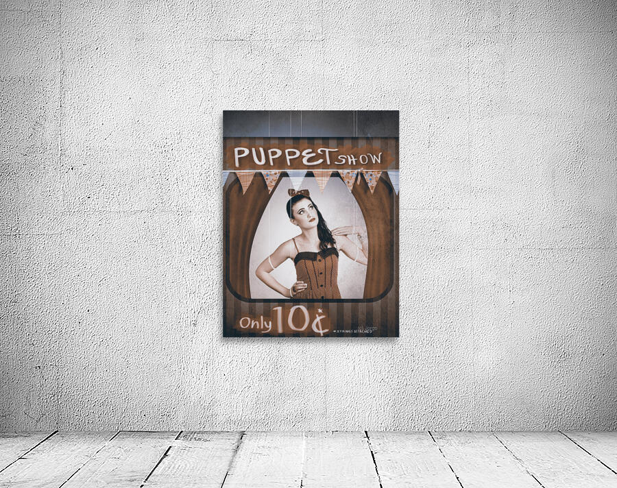 Vintage pinup girl inside a puppet show booth Wall Preview
