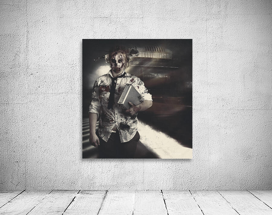 Dead zombie business woman catching ghost train Wall Preview