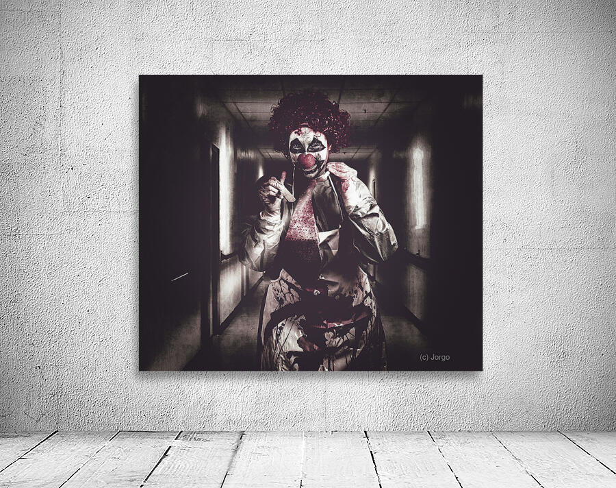 Creepy medical clown in grunge hospital hallway Wall Preview