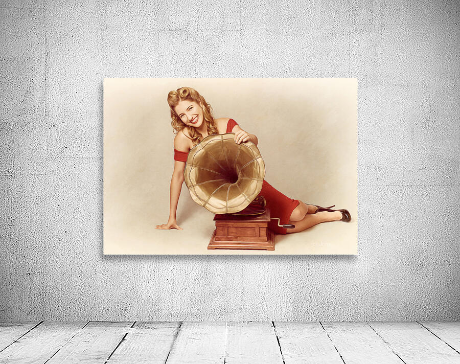 60s pin up girl with vintage record phonograph Wall Preview
