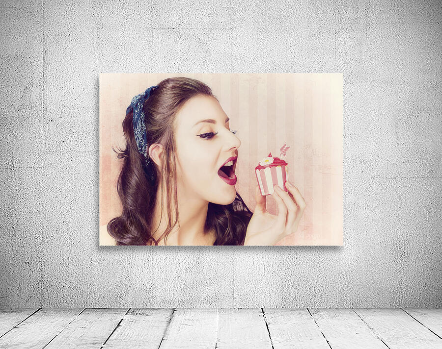 Vintage pin up girl eating strawberry cupcake Wall Preview