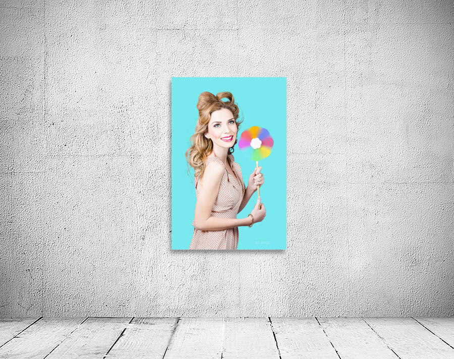 Blonde girl holding windmill fan. Natural energy Wall Preview