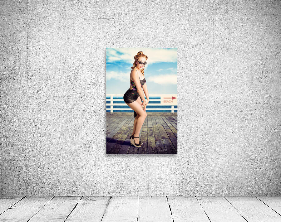 Cute Pinup Girl Looking Surprised On Beach Pier Wall Preview