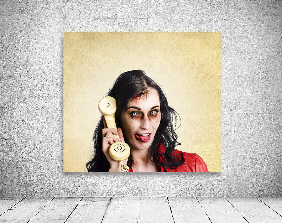 Funny zombie employee with dead phone line Wall Preview